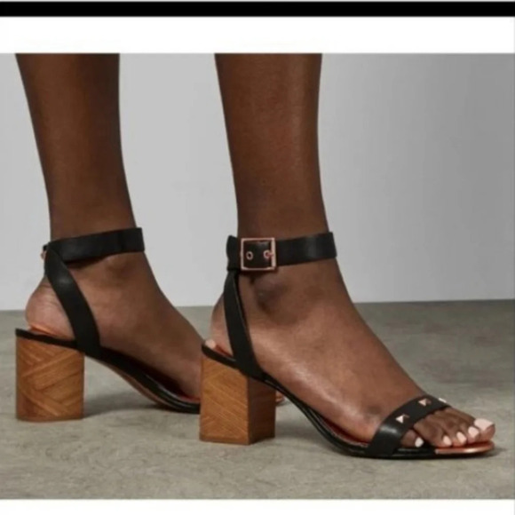 Ted Baker Rose Gold Bow Stud Black Block Heel Biah Sandals women's size EU 40.5 - Picture 4 of 17